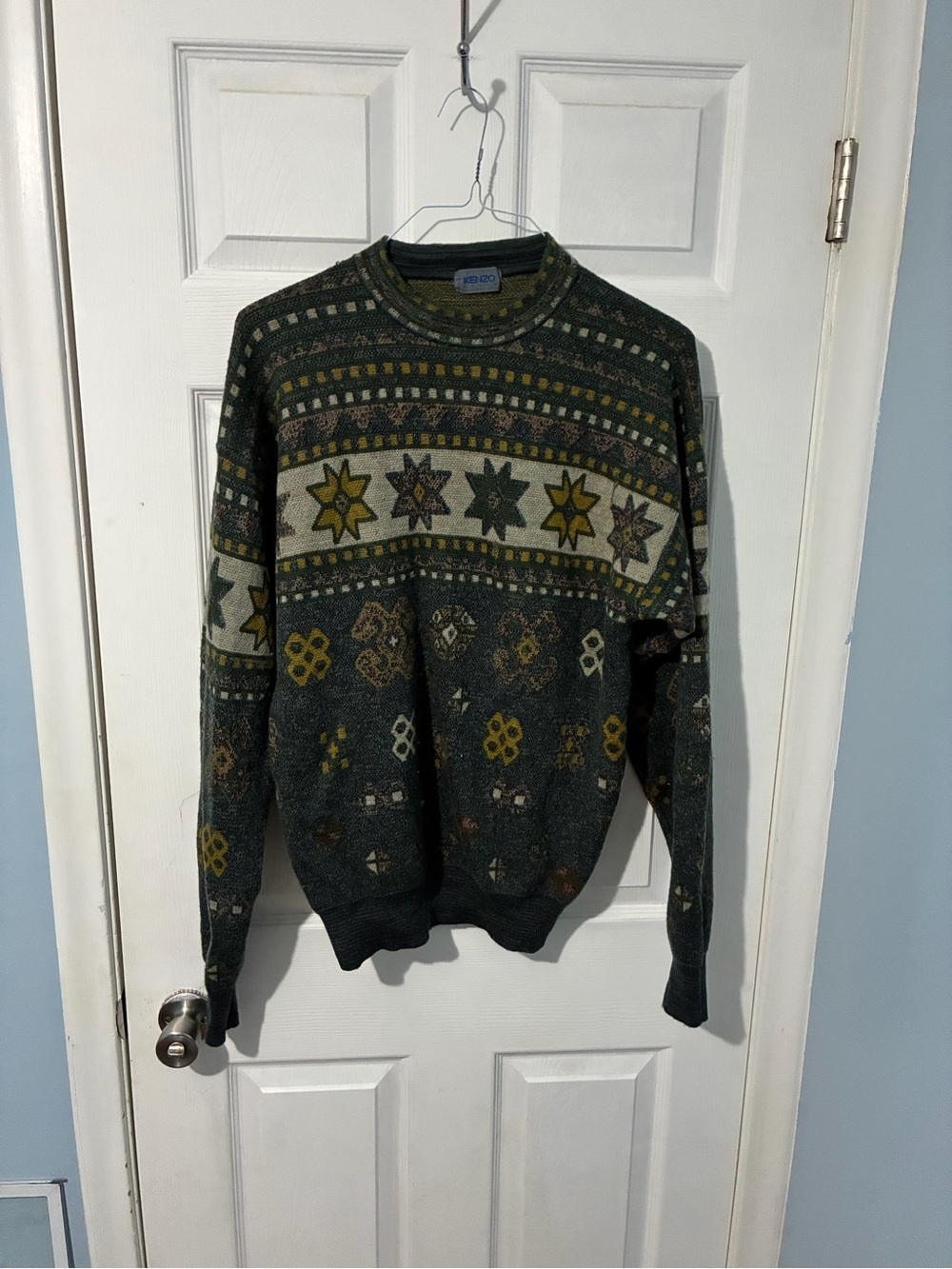 Kenzo Dark Green Fair Isle Turtleneck Sweater with Mustard & Cream Motifs